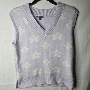 Medium Lilac Floral Sweater Vest Soft Knit Sleeveless V-Neck Y2k 90s Girly